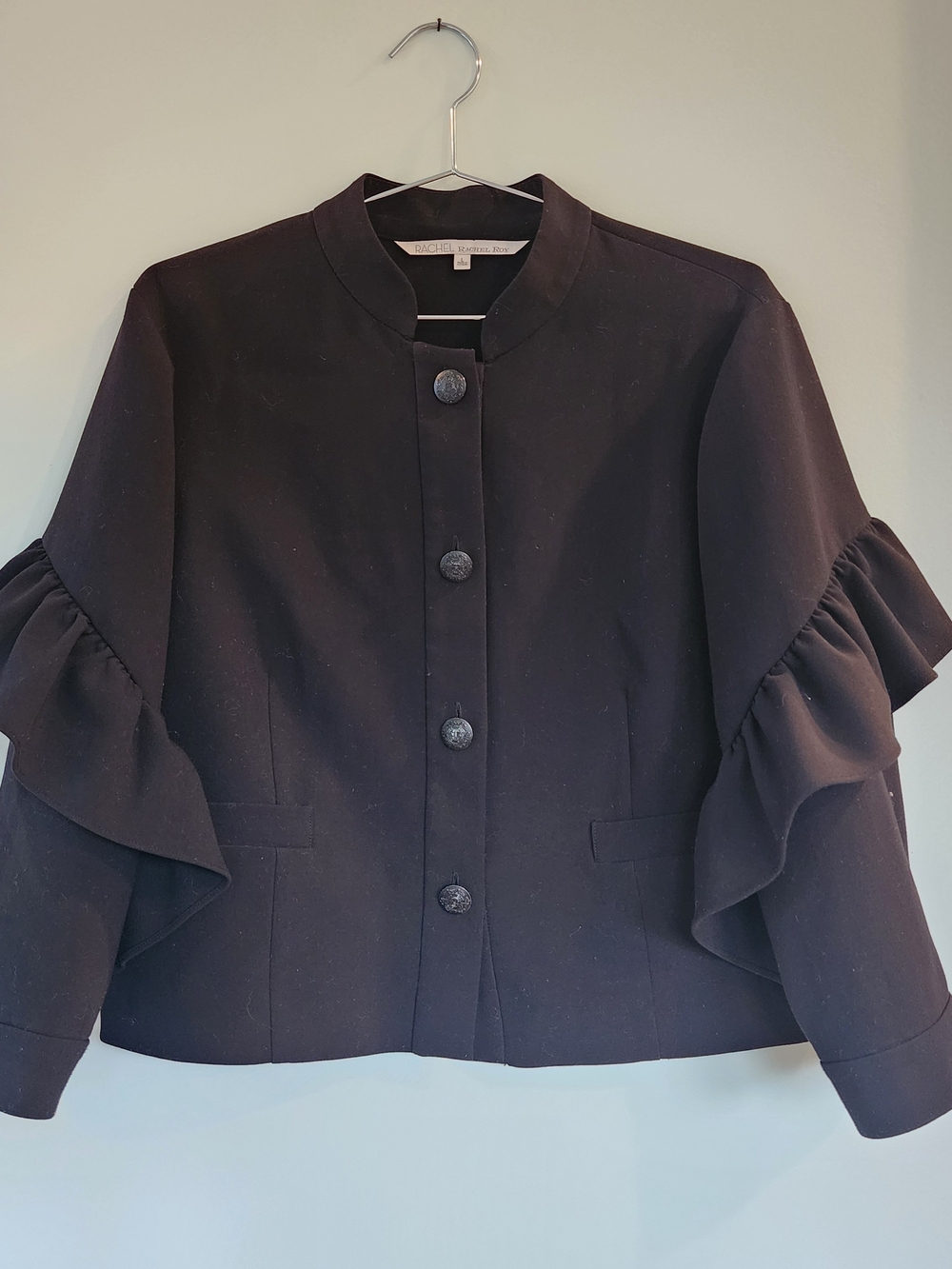 Rachel Rachel Roy Women's Blazer Large Black Statement Ruffle Sleeve Button Down